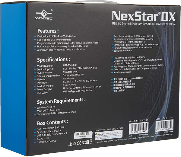 NST-536S3-BK NexStar DX USB 3.0 External Enclosure for SATA Blu-Ray/CD/DVD Drive All Black - Image 2