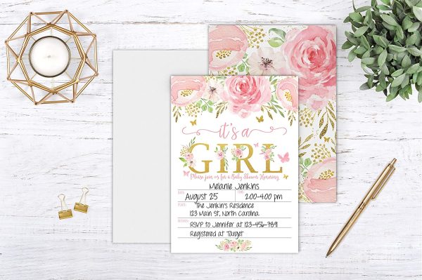 It's a Girl Floral Butterfly Baby Shower Invitation, Pink and Gold Flowers Sprinkle Invites with Diaper Raffle Ticket Cards, 20 Count with Envelopes