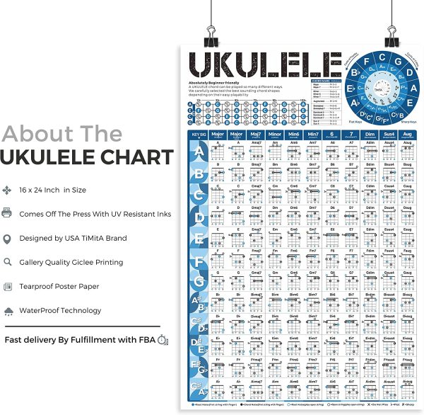 Ukulele Chord Chart, An Educational Ukelele Chords Poster for Beginners and Teachers, Ukelele Fretbaord Notes, Music Theory, Circle of Fifths, Waterproof, Non-Tearing - Image 2