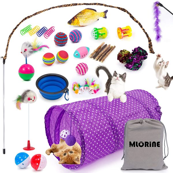 Cat Toys Kitten Toys 34pcs Assorted Cat Tunnel Catnip Fish Feather Teaser Wand Fish Fluffy Mouse Mice Balls and Bells Toys Storage Bag Set Kit Interactive cat Toys cat Feather Toy Mlorine - Image 3