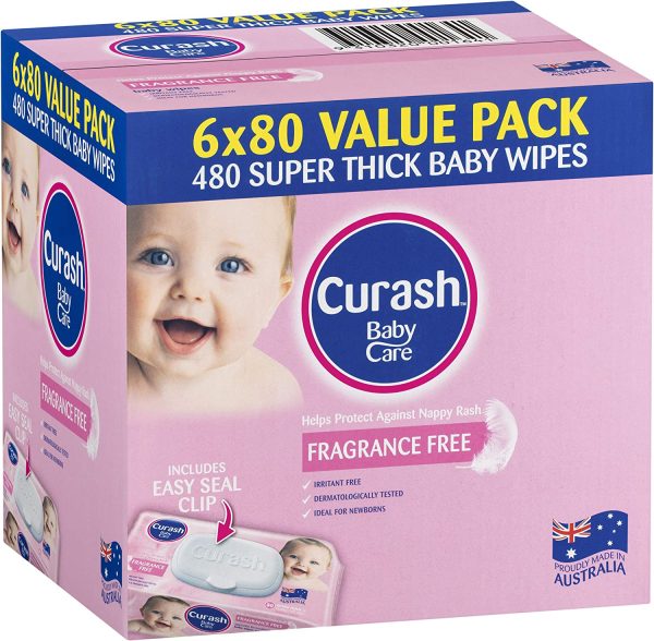 Curash Fragrance Free Baby Wipes, 6 packs of 80 wipes (480s wipes)