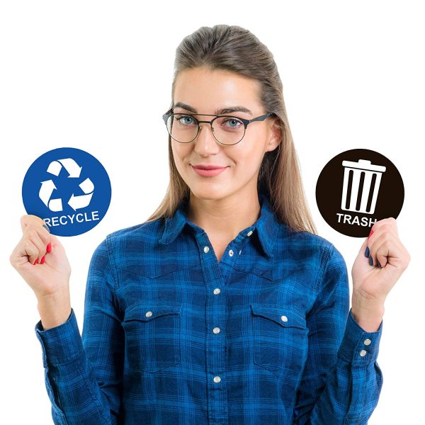 Recycle Sticker for Trash Can - Perfect Bin Labels - 5" by 5" - Ideal Signs for use on Home or Office Refuse Bins - Suitable for Indoor and Outdoor use - 2 Pack - Blue for Recycling, Black for Trash