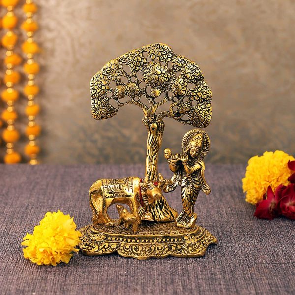 Tied Ribbons Lord Krishna with Cow and Calf Under Tree Idol Brass Murti- Home Decoration Item and Home Gifts - Image 3