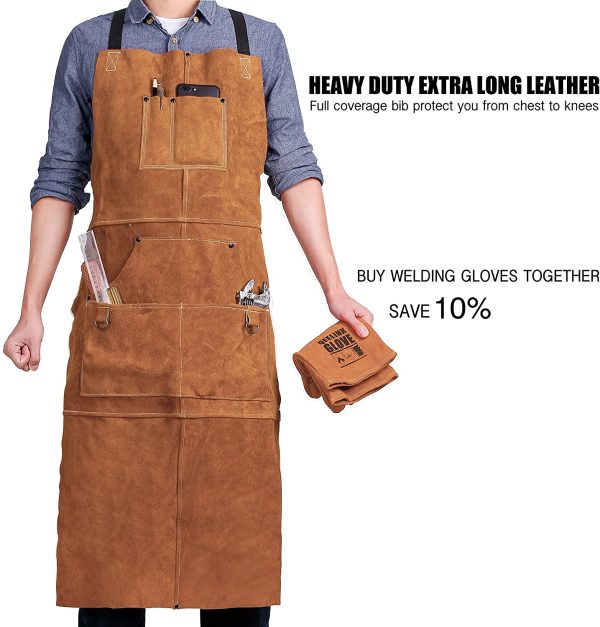 Leather Welding Apron with 6 Pockets - Heat & Flame-Resistant Apron, 24'' X 42'', Adjustable M to XXXL - Image 6