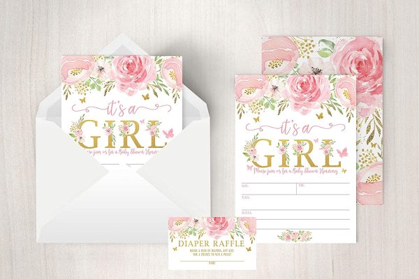 It's a Girl Floral Butterfly Baby Shower Invitation, Pink and Gold Flowers Sprinkle Invites with Diaper Raffle Ticket Cards, 20 Count with Envelopes - Image 3