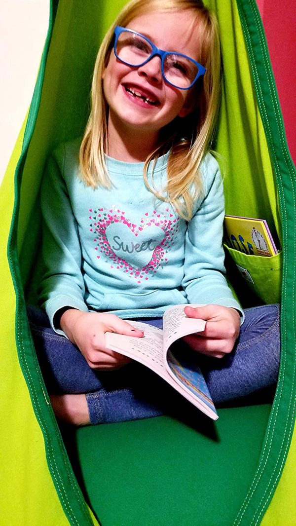 Kids Child Pod Swing Chair w/Interior Pocket, Hanging Hammock, Indoor or Outdoor Fun, Reading Nook, Relaxation, Sensory Swing, Autism Toys Therapy, Easy to Hang Comfortable Nest, Girls and Boys(Green) - Image 6