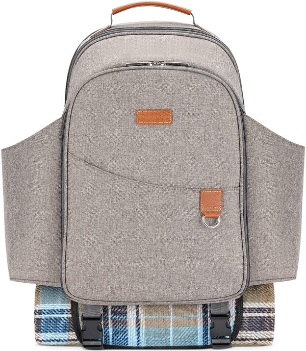 HappyPicnic Insulated Picnic Backpack for 2 Persons with Full Set of Tablewares, Roomy Cooler Compartment, Bottle Holders and Large Waterproof Picnic Rug (Brushed Grey) - Image 8