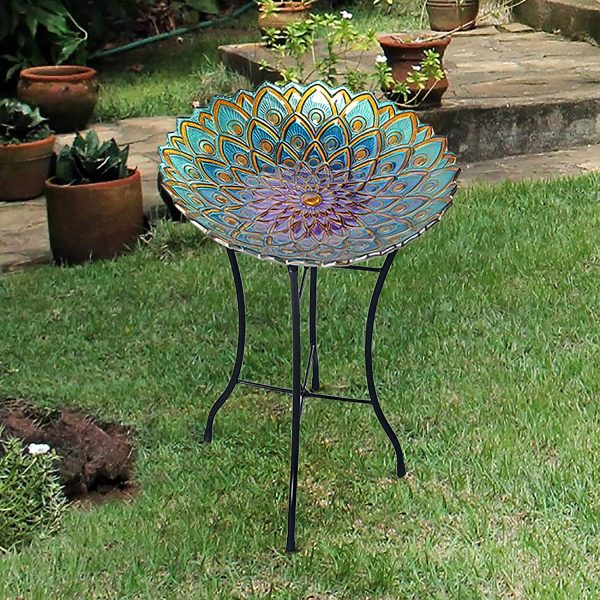 Peaktop 3014051 Birdbath Bowl Fountain Handpainted Mosaic Flower Fusion Glass Pedestal Bird Bath for Outdoor Patio Garden Backyard Decking D??cor, 21 inch Height, Blue and Purple, 21.2" - Image 2