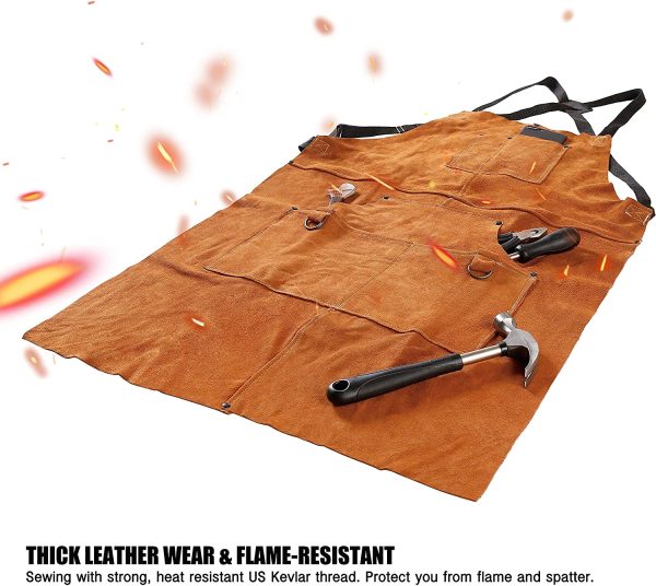 Leather Welding Apron with 6 Pockets - Heat & Flame-Resistant Apron, 24'' X 42'', Adjustable M to XXXL