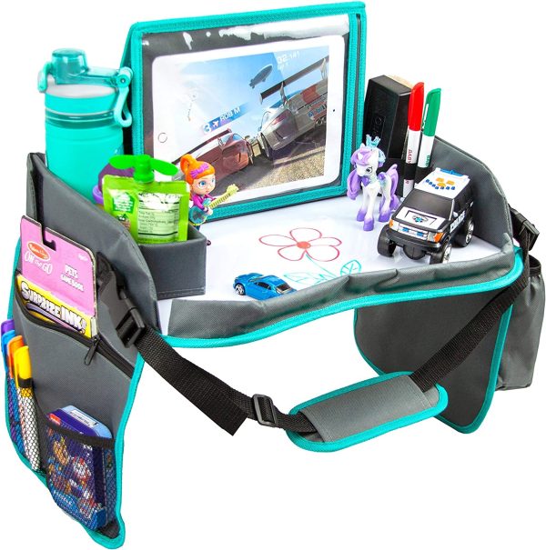 Kids Travel Tray with Dry Erase Board, Car Seat Tray for Food & Play Activity, Carseat Table Trays for Toddler, Kid Activity Desk for Air Travel, No-Drop Tablet Holder & Borders (Grey with Blue Frame ) - Image 6