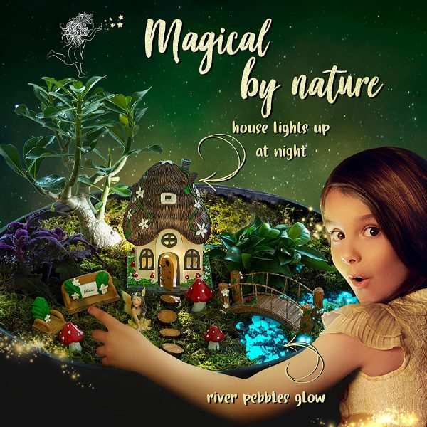 Fairy Garden Accessories Kit - Miniature House and Figurine Set for Girls, Boys, Adults - With Magical Glow in the Dark Pebbles and Solar LED Lights - Image 3