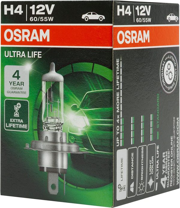 OSRAM 64193ULT ULTRA LIFE H4, halogen headlamp, 64193ULT, 12 V passenger car, folding carton box (1 unit)