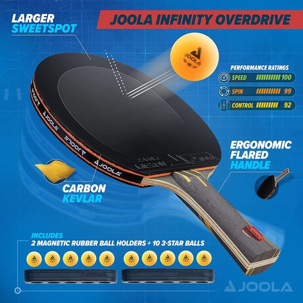 JOOLA Infinity Overdrive Ping Pong Paddle and Table Tennis Sets - Racket with Carbon Kevlar Technology & Double Black Extreme Speed Rubber - Ping Pong Set Includes 10 3 Star Ping Pong Balls & Holder - Image 4