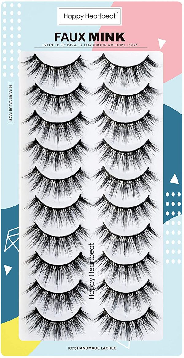 Happy Heartbeat 3D False Lashes Wispy Natural - Faux Mink Lashes Cat-Eye Handmade Luxurious Soft Fluffy Dramatic False Eyelashes 10 Pairs (H1) - Image 4