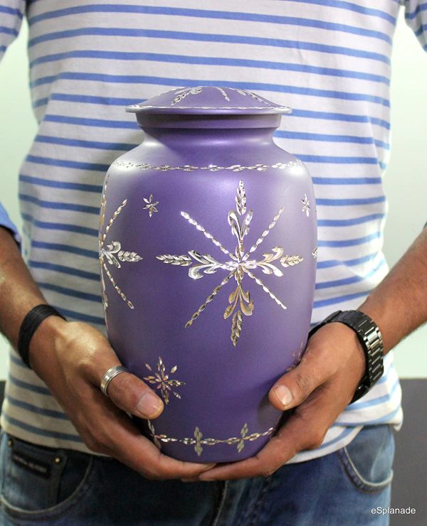 eSplanade Cremation Urn Memorial Container Jar Pot | Full Size Standard Urns | Metal Urns | Burial Urns - Purple Etched - 10" Inches - Image 6